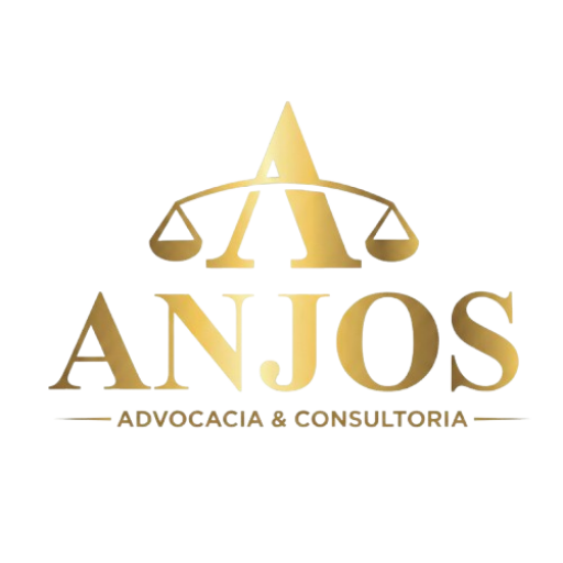 Logotipo dourado do escritório Anjos Advocacia & Consultoria, com a letra A estilizada e a balança da justiça.